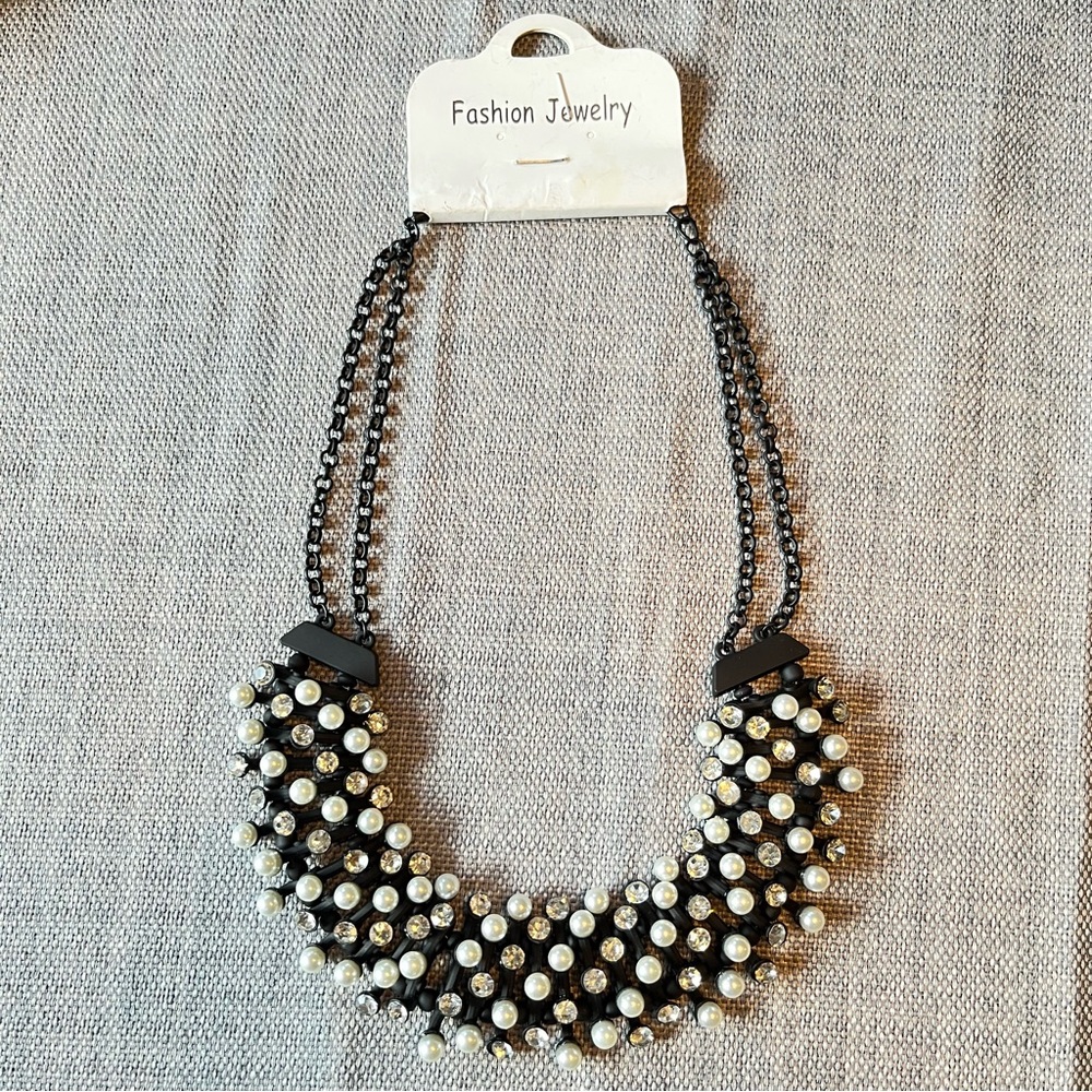 Egyptian Revival Bib Collar Necklace Faux Pearl & Gem Stone Pin Cushion Necklace